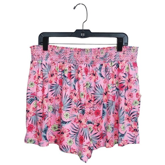 2X Floral Pink Floral Wide Waist Band Shorts - Picture 2 of 4